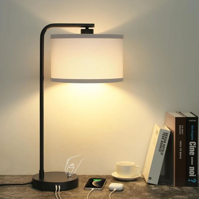 Main image of Table Lamp for Bedroom with USB C+A Ports, Fully Stepless Dimmable Farmhouse Bedside Lamp Nightstand Light, Tall Reading Desk Lamp for Living Room, Office, 9W LED Bulb Included
