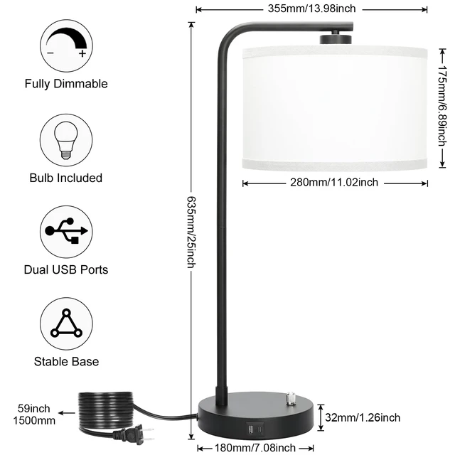 Alt view image 3 of 7 - Table Lamp for Bedroom with USB C+A Ports, Fully Stepless Dimmable Farmhouse Bedside Lamp Nightstand Light, Tall Reading Desk Lamp for Living Room, Office, 9W LED Bulb Included