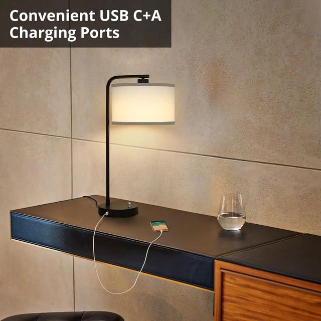 Alt view image 4 of 7 - Table Lamp for Bedroom with USB C+A Ports, Fully Stepless Dimmable Farmhouse Bedside Lamp Nightstand Light, Tall Reading Desk Lamp for Living Room, Office, 9W LED Bulb Included