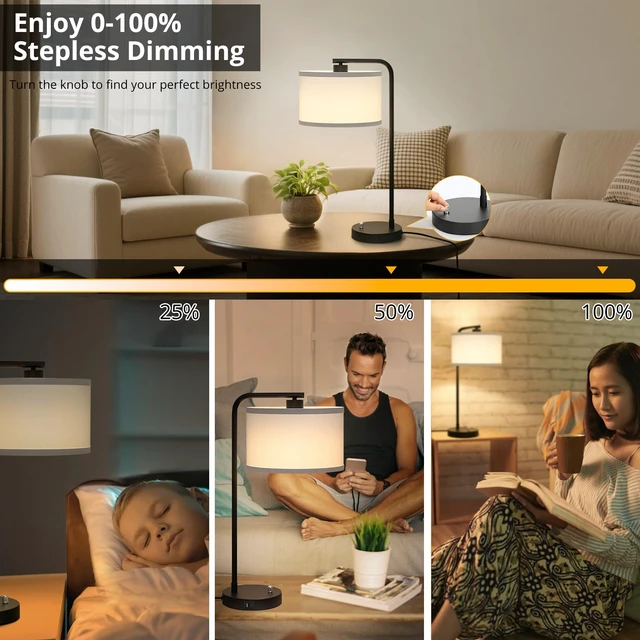 Alt view image 5 of 7 - Table Lamp for Bedroom with USB C+A Ports, Fully Stepless Dimmable Farmhouse Bedside Lamp Nightstand Light, Tall Reading Desk Lamp for Living Room, Office, 9W LED Bulb Included