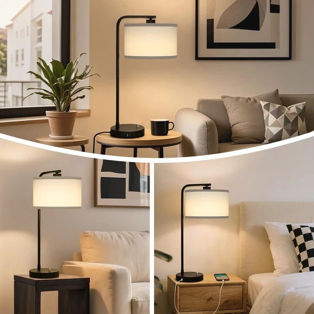 Alt view image 6 of 7 - Table Lamp for Bedroom with USB C+A Ports, Fully Stepless Dimmable Farmhouse Bedside Lamp Nightstand Light, Tall Reading Desk Lamp for Living Room, Office, 9W LED Bulb Included