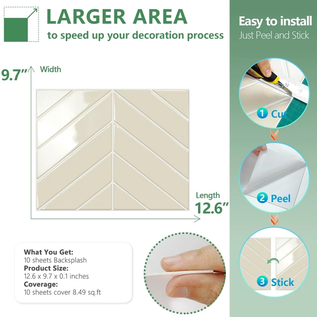 Alt view image 6 of 7 - Herringbone Peel and Stick Backsplash, Light Gray Beige, 10 Sheets 12.6 x 9.7 in, Thicker Rectangular Vinyl Stick-On Wall Tiles, Easy Alignment, Waterproof, Easy to Clean, Kitchen/Bathroom