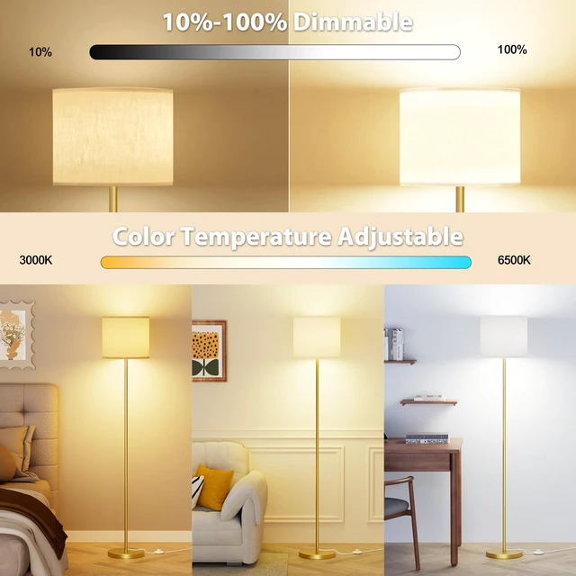 Alt view image 3 of 6 - Dimmable Floor Lamps for LivingRoom with 12W LED Bulb,Foot Switch Remote Custom Color Temperature Floor Light, Linen Shade Standing Lamps, Modern Tall Lamp for Office Bedroom Kid Room-Gold