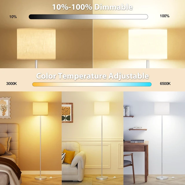 Alt view image 3 of 6 - Dimmable Floor Lamps for LivingRoom with 12W LED Bulb,Foot Switch Remote Custom Color Temperature Floor Light, Linen Shade Standing Lamps, Modern Tall Lamp for Office Bedroom-Silver
