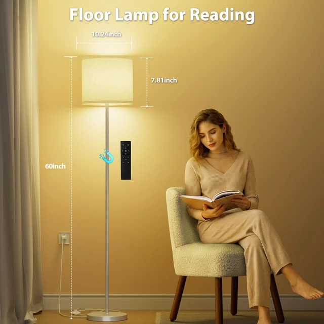 Alt view image 4 of 6 - Dimmable Floor Lamps for LivingRoom with 12W LED Bulb,Foot Switch Remote Custom Color Temperature Floor Light, Linen Shade Standing Lamps, Modern Tall Lamp for Office Bedroom-Silver