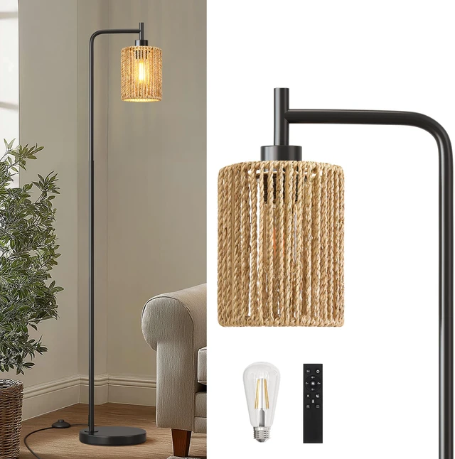 Main image of 66" Black Floor Lamp for Living Room, Boho Floor Lamp with Remote Control and LED Bulb, Rattan Shade, Industrial Tall Farmhouse Standing Lamp for Bedroom, Dining Room, Study Room, Office