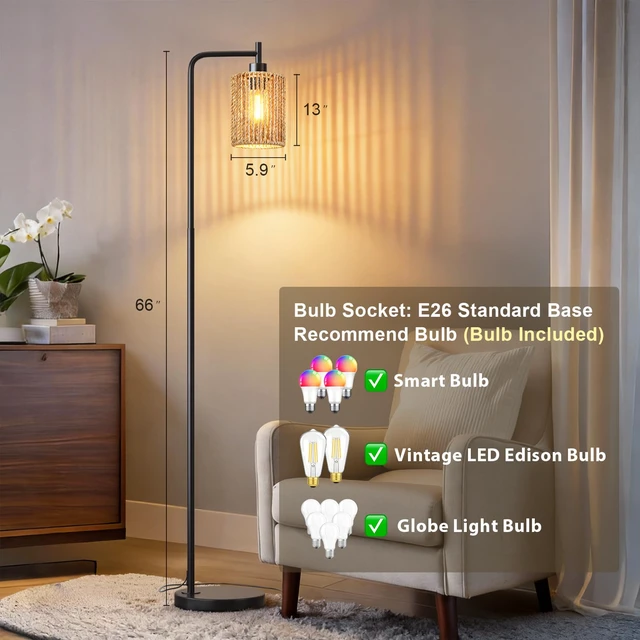 Alt view image 3 of 7 - 66" Black Floor Lamp for Living Room, Boho Floor Lamp with Remote Control and LED Bulb, Rattan Shade, Industrial Tall Farmhouse Standing Lamp for Bedroom, Dining Room, Study Room, Office