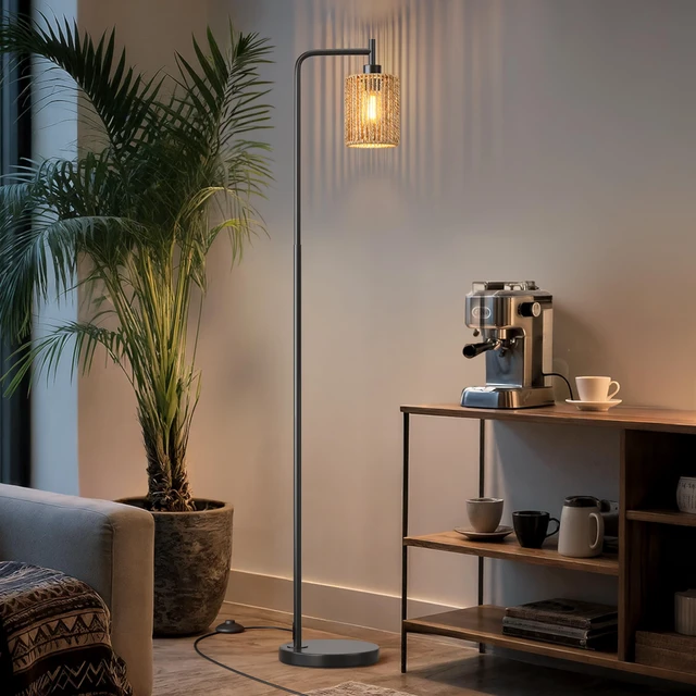 Alt view image 2 of 7 - 66" Black Floor Lamp for Living Room, Boho Floor Lamp with Remote Control and LED Bulb, Rattan Shade, Industrial Tall Farmhouse Standing Lamp for Bedroom, Dining Room, Study Room, Office