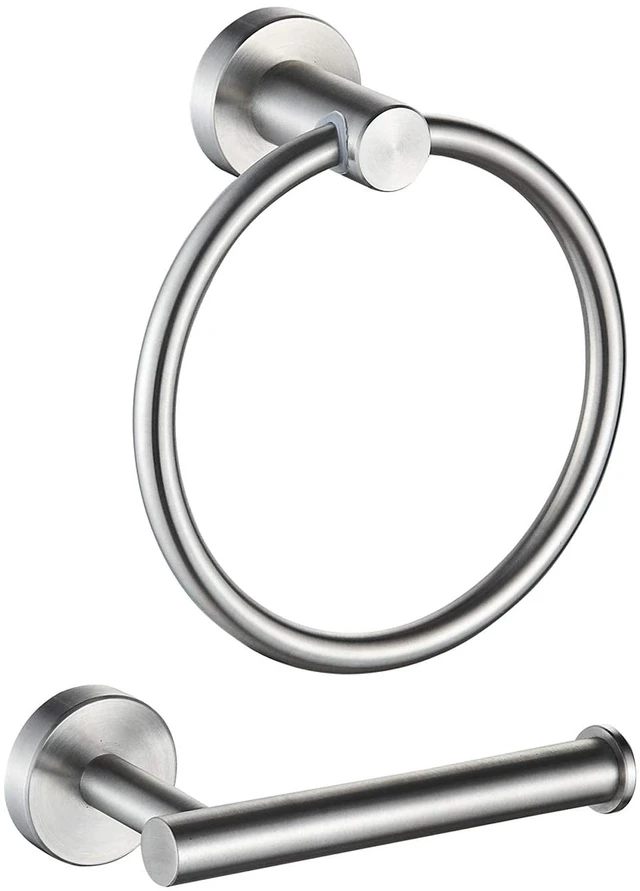 Main image of 2-Pc Bathroom Hardware Set - Hand Towel Holder for Bathroom Wall - Toilet Paper Holder Stand Wall Mount - Towel Holder Hanger Rack Stainless Steel Bathroom Set Towel Ring - Brushed Steel
