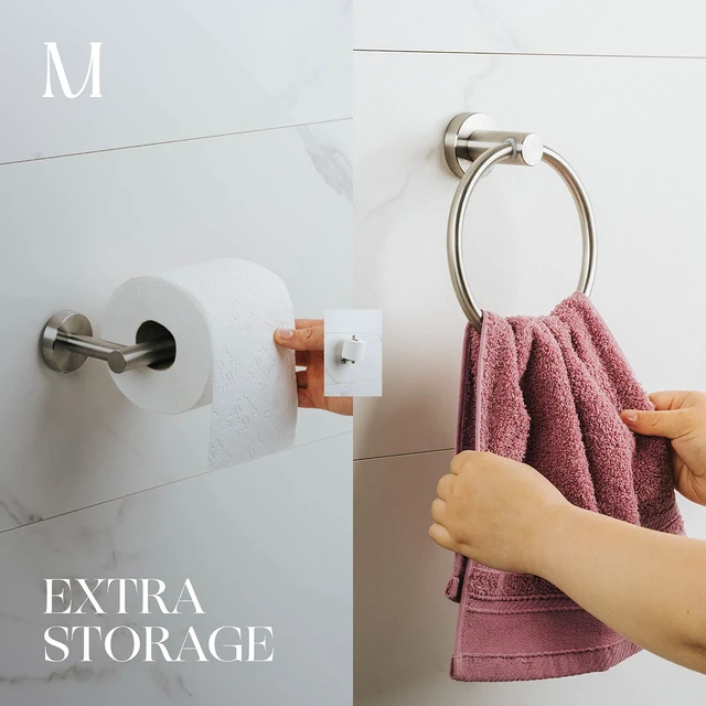 Alt view image 3 of 7 - 2-Pc Bathroom Hardware Set - Hand Towel Holder for Bathroom Wall - Toilet Paper Holder Stand Wall Mount - Towel Holder Hanger Rack Stainless Steel Bathroom Set Towel Ring - Brushed Steel