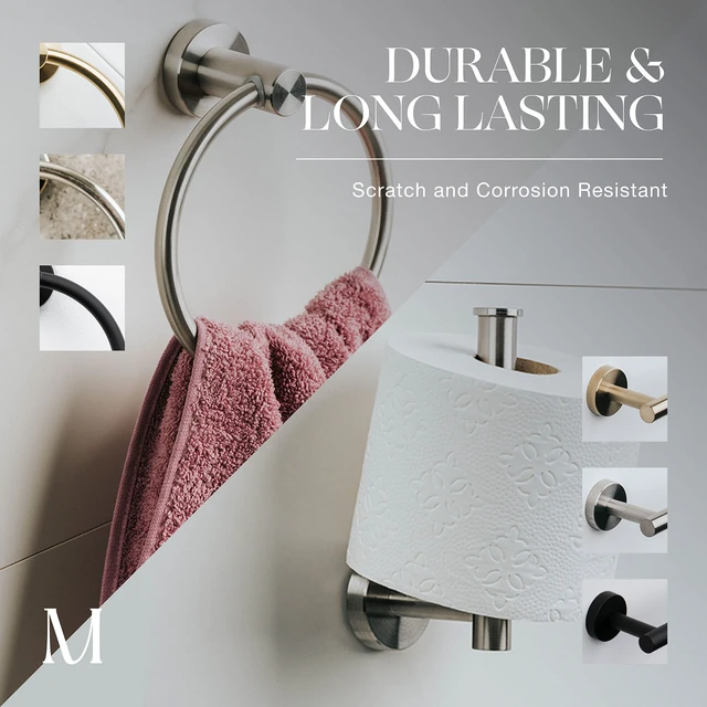 Alt view image 2 of 7 - 2-Pc Bathroom Hardware Set - Hand Towel Holder for Bathroom Wall - Toilet Paper Holder Stand Wall Mount - Towel Holder Hanger Rack Stainless Steel Bathroom Set Towel Ring - Brushed Steel