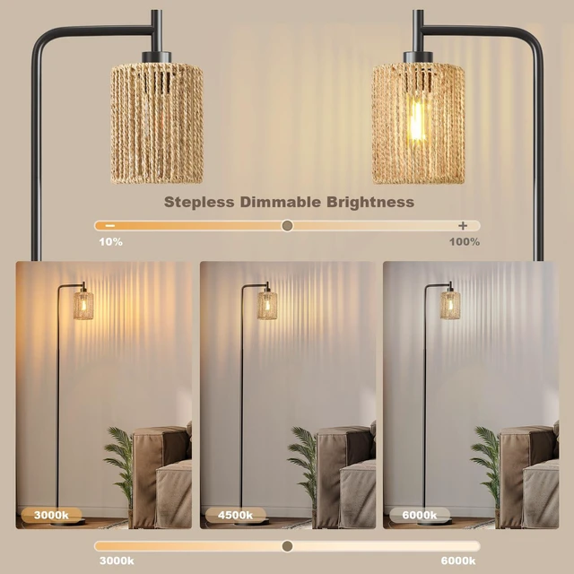 Alt view image 5 of 7 - 66" Black Floor Lamp for Living Room, Boho Floor Lamp with Remote Control and LED Bulb, Rattan Shade, Industrial Tall Farmhouse Standing Lamp for Bedroom, Dining Room, Study Room, Office