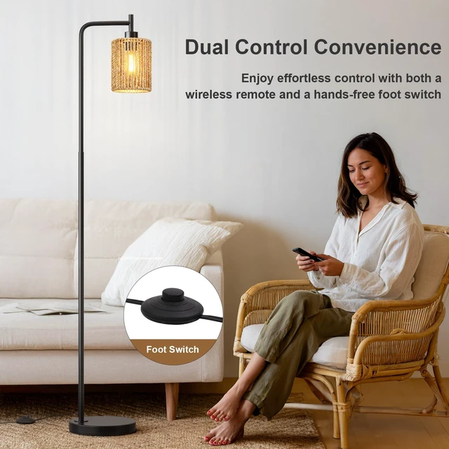 Alt view image 6 of 7 - 66" Black Floor Lamp for Living Room, Boho Floor Lamp with Remote Control and LED Bulb, Rattan Shade, Industrial Tall Farmhouse Standing Lamp for Bedroom, Dining Room, Study Room, Office