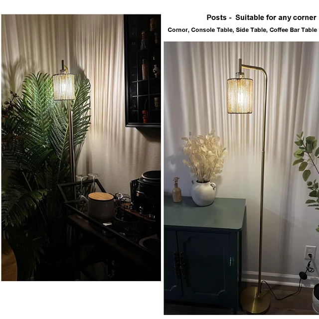 Alt view image 2 of 7 - 66" Gold Floor Lamp for Living Room, Boho Floor Lamp with LED Bulb, Foot Switch, Rattan Shade, Industrial Tall Farmhouse Standing Lamp for Bedroom, Dining Room, Study Room, Office