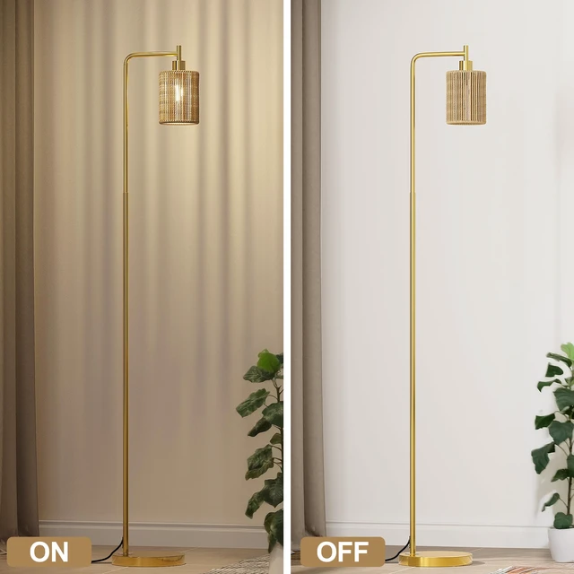 Alt view image 7 of 7 - 66" Gold Floor Lamp for Living Room, Boho Floor Lamp with LED Bulb, Foot Switch, Rattan Shade, Industrial Tall Farmhouse Standing Lamp for Bedroom, Dining Room, Study Room, Office