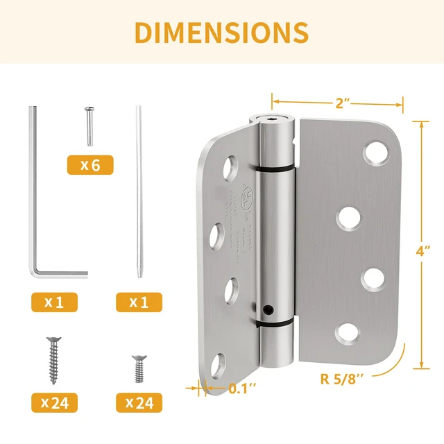 Alt view image 2 of 7 - 3 Pack Self Closing Door Hinges, 4 Inch, Adjustable Tension | Spring Loaded Door Hinges for Garage/Front/Back Doors, 5/8'' Radius Corners, Fit Left/Right Hand Doors, UL Listed