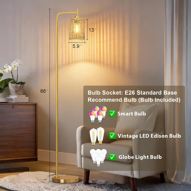 Alt view image 3 of 7 - 66" Gold Floor Lamp for Living Room, Boho Floor Lamp with Remote Control and LED Bulb, Rattan Shade, Industrial Tall Farmhouse Standing Lamp for Bedroom, Dining Room, Study Room, Office