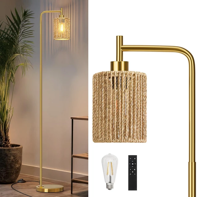 Main image of 66" Gold Floor Lamp for Living Room, Boho Floor Lamp with Remote Control and LED Bulb, Rattan Shade, Industrial Tall Farmhouse Standing Lamp for Bedroom, Dining Room, Study Room, Office