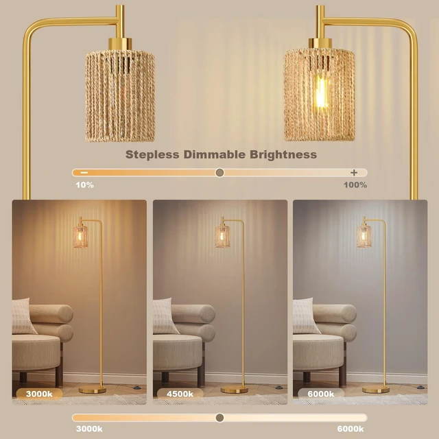 Alt view image 5 of 7 - 66" Gold Floor Lamp for Living Room, Boho Floor Lamp with Remote Control and LED Bulb, Rattan Shade, Industrial Tall Farmhouse Standing Lamp for Bedroom, Dining Room, Study Room, Office
