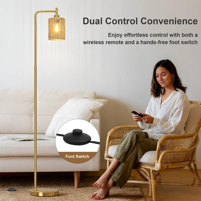 Alt view image 6 of 7 - 66" Gold Floor Lamp for Living Room, Boho Floor Lamp with Remote Control and LED Bulb, Rattan Shade, Industrial Tall Farmhouse Standing Lamp for Bedroom, Dining Room, Study Room, Office