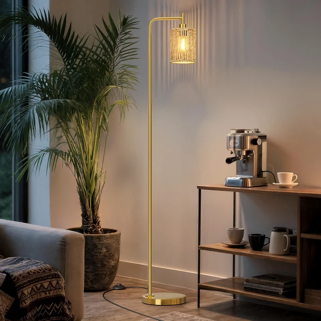Alt view image 2 of 7 - 66" Gold Floor Lamp for Living Room, Boho Floor Lamp with Remote Control and LED Bulb, Rattan Shade, Industrial Tall Farmhouse Standing Lamp for Bedroom, Dining Room, Study Room, Office