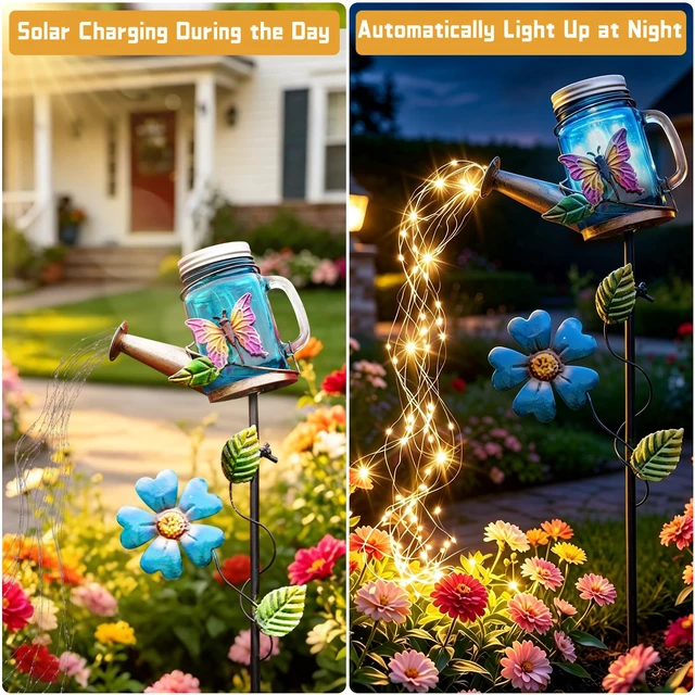 Alt view image 2 of 7 - Solar Watering Can Light, Butterfly Outdoor Decor Lights IP65 Waterproof, Hanging Butterfly Garden Light, Outside Garden Flower Bed Decor, Women Gift, Birthday Gifts