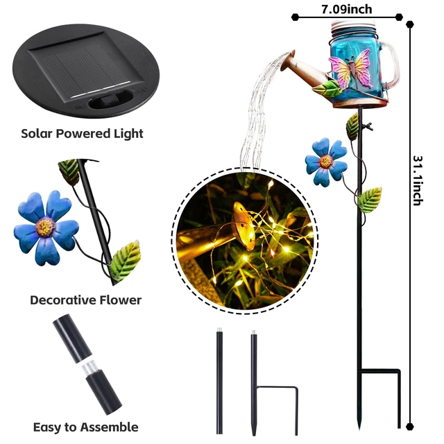 Alt view image 3 of 7 - Solar Watering Can Light, Butterfly Outdoor Decor Lights IP65 Waterproof, Hanging Butterfly Garden Light, Outside Garden Flower Bed Decor, Women Gift, Birthday Gifts