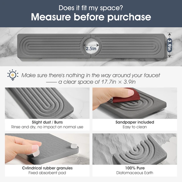 Alt view image 6 of 7 - Quick Drying Stone Faucet Mat for Kitchen Sink - Diatomite Sink Mat Absorbing Stone Tray for Bathroom Counter, Sink Faucet Splash Guard Water Protector Matt for Kitchen Counter(Gray, 17.7"x3.9")