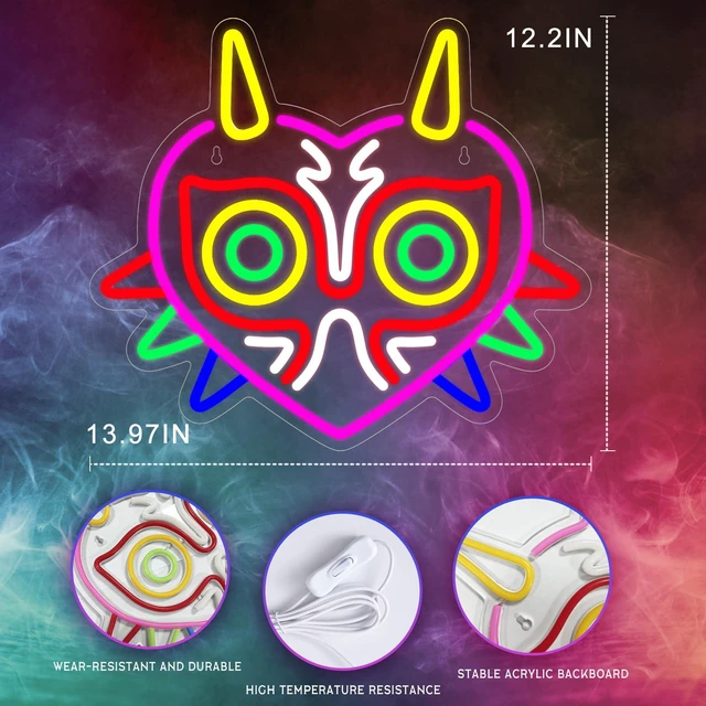 Alt view image 2 of 7 - Majora's Mask Neon Sign, Zelda Gaming Neon Sign for Game Room Decor, Zelda Mask for Boys Room Decor & Gaming Wall Deocr, USB Powered Gamer Gifts for Boys, Teens and Zelda Fans