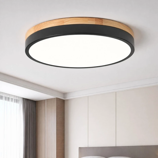Main image of Modern Wood Black Flush Mount Ceiling Light 11.81 Inch Round LED Low Profile Lighting Fixture For Kitchen Bedroom Bathroom Laundry Hallway Entryway Closet Living Room