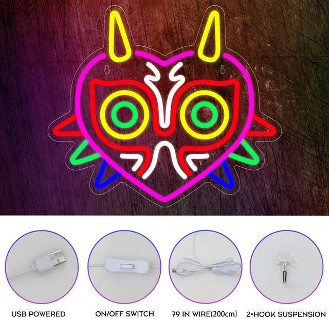 Alt view image 3 of 7 - Majora's Mask Neon Sign, Zelda Gaming Neon Sign for Game Room Decor, Zelda Mask for Boys Room Decor & Gaming Wall Deocr, USB Powered Gamer Gifts for Boys, Teens and Zelda Fans