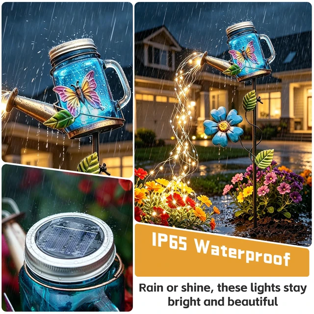 Alt view image 4 of 7 - Solar Watering Can Light, Butterfly Outdoor Decor Lights IP65 Waterproof, Hanging Butterfly Garden Light, Outside Garden Flower Bed Decor, Women Gift, Birthday Gifts