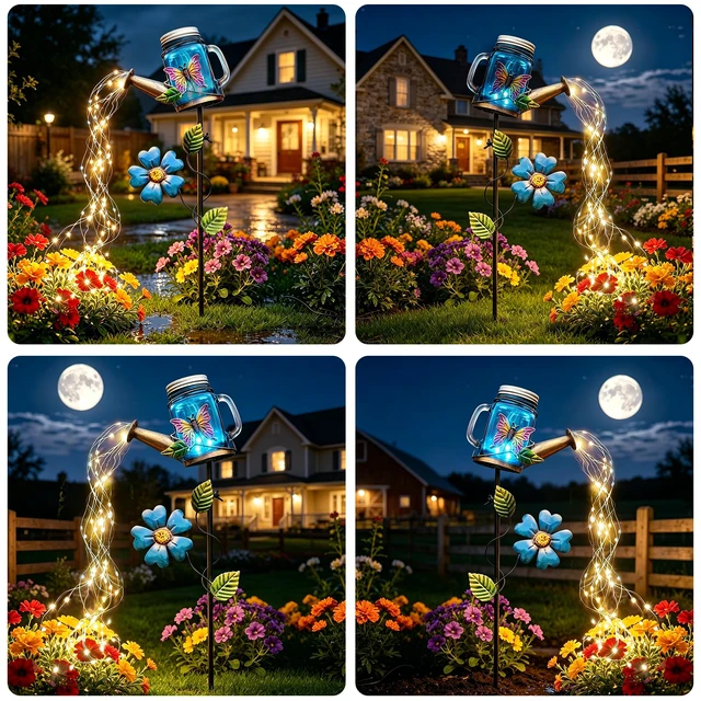 Alt view image 6 of 7 - Solar Watering Can Light, Butterfly Outdoor Decor Lights IP65 Waterproof, Hanging Butterfly Garden Light, Outside Garden Flower Bed Decor, Women Gift, Birthday Gifts