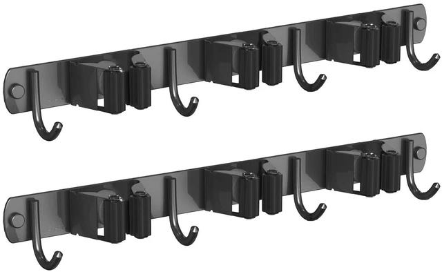 Main image of 2 Pack Mop and Broom Holder Wall Mount for Kitchen Garden Garage Laundry Stainless Steel, Non-slip Broom Hanger Wall Mount, Heavy Duty Mop Broom Organizer, Black, 3 Racks 4 Hooks