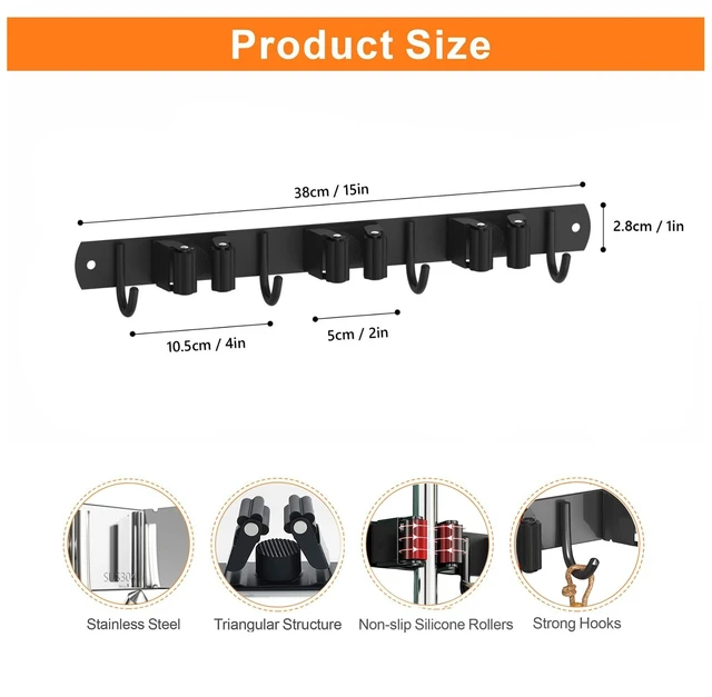 Alt view image 4 of 7 - 2 Pack Mop and Broom Holder Wall Mount for Kitchen Garden Garage Laundry Stainless Steel, Non-slip Broom Hanger Wall Mount, Heavy Duty Mop Broom Organizer, Black, 3 Racks 4 Hooks