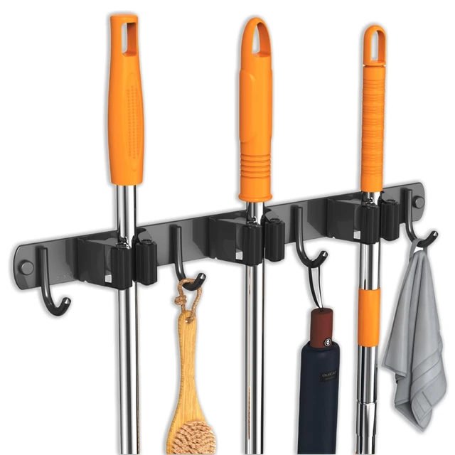Alt view image 7 of 7 - 2 Pack Mop and Broom Holder Wall Mount for Kitchen Garden Garage Laundry Stainless Steel, Non-slip Broom Hanger Wall Mount, Heavy Duty Mop Broom Organizer, Black, 3 Racks 4 Hooks