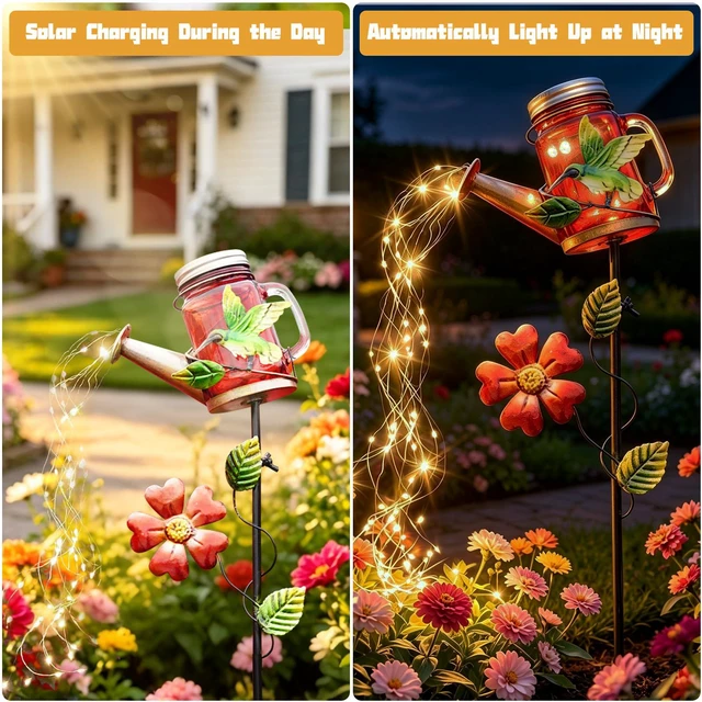 Alt view image 2 of 7 - Solar Watering Can Light, Hummingbird Outdoor Decor Lights IP65 Waterproof, Hanging Hummingbird Garden Light, Outside Garden Flower Bed Decor, Women Gift, Birthday Gifts