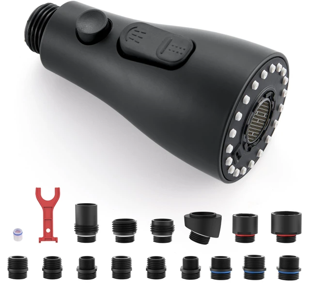 Main image of Pull Down Kitchen Faucet Sprayer Head Replacement Part, Matte Black with 15 Connectors, 3 Function Pull Out Sink Sprayer Replacement Nozzle, Kitchen Faucet Head Hose Spray Tap Spout
