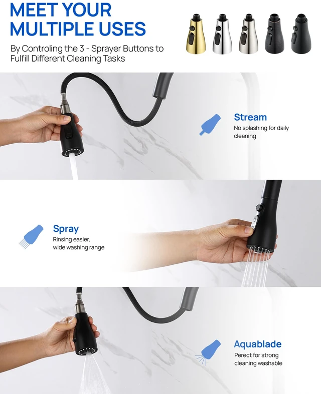 Alt view image 2 of 7 - Pull Down Kitchen Faucet Sprayer Head Replacement Part, Matte Black with 15 Connectors, 3 Function Pull Out Sink Sprayer Replacement Nozzle, Kitchen Faucet Head Hose Spray Tap Spout
