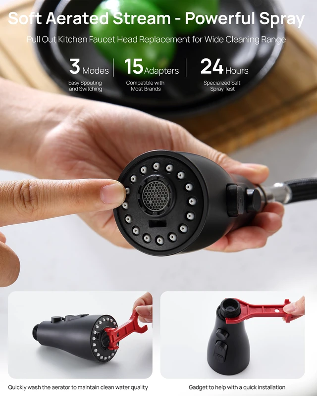 Alt view image 5 of 7 - Pull Down Kitchen Faucet Sprayer Head Replacement Part, Matte Black with 15 Connectors, 3 Function Pull Out Sink Sprayer Replacement Nozzle, Kitchen Faucet Head Hose Spray Tap Spout