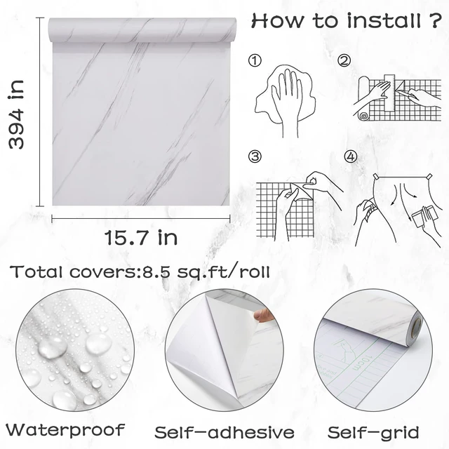 Alt view image 7 of 7 - Glossy Marble Contact Paper Peel and Stick Wallpaper 15.7x394 Self Adhesive Removable Wallpaper White Contact Paper for Countertops Waterproof for Kitchen Cabinet Decor Vinyl Roll