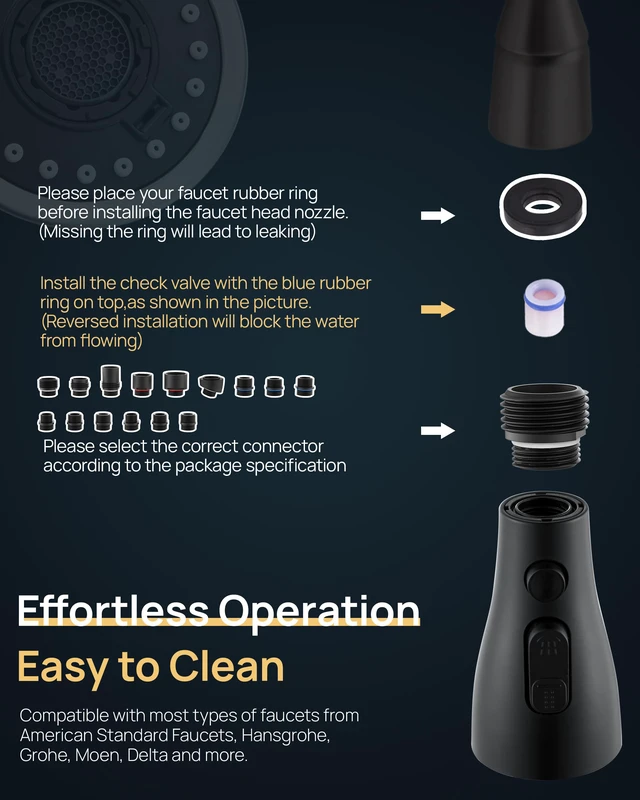 Alt view image 7 of 7 - Pull Down Kitchen Faucet Sprayer Head Replacement Part, Matte Black with 15 Connectors, 3 Function Pull Out Sink Sprayer Replacement Nozzle, Kitchen Faucet Head Hose Spray Tap Spout