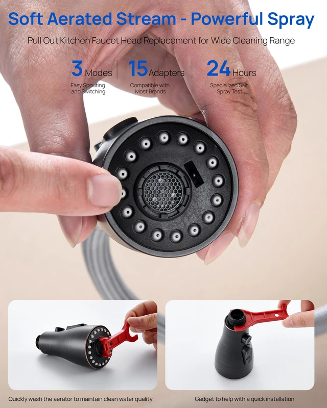 Alt view image 6 of 7 - Pull Down Kitchen Faucet Sprayer Head Replacement Part, 15 Connectors, 3 Function Pull Out Sink Sprayer Replacement Nozzle, Kitchen Faucet Head Hose Spray Tap Spout,Oil Rubbed Bronze