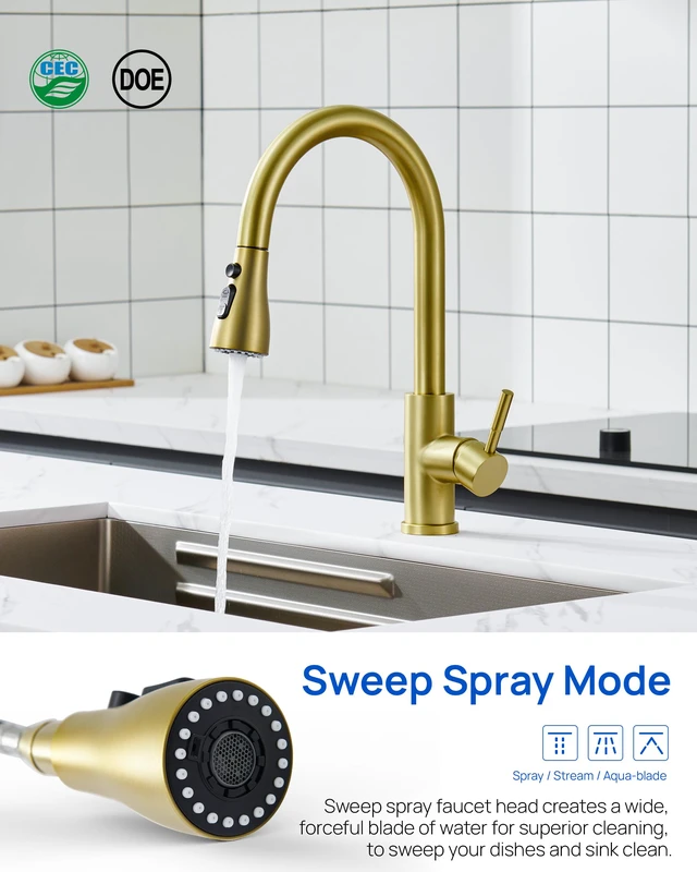 Alt view image 2 of 7 - Pull Down Kitchen Faucet Sprayer Head Replacement, Brushed Gold 3 Function Pull Out Sink Sprayer Replacement Nozzle Part, Kitchen Faucet Head Hose Spray Tap Spout, 15 adapters