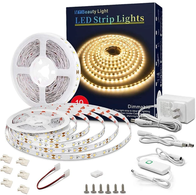 Main image of Led Strip Lights 32.8ft Warm White Dimmable Led Light Strip Flexible Rope Lights Kits with 12v Etl Power Supply, Adhesive Clips, Dimmer Switch and Connectors for Indoor Decor
