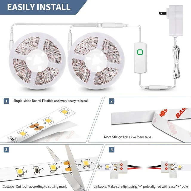 Alt view image 5 of 6 - Led Strip Lights 32.8ft Warm White Dimmable Led Light Strip Flexible Rope Lights Kits with 12v Etl Power Supply, Adhesive Clips, Dimmer Switch and Connectors for Indoor Decor