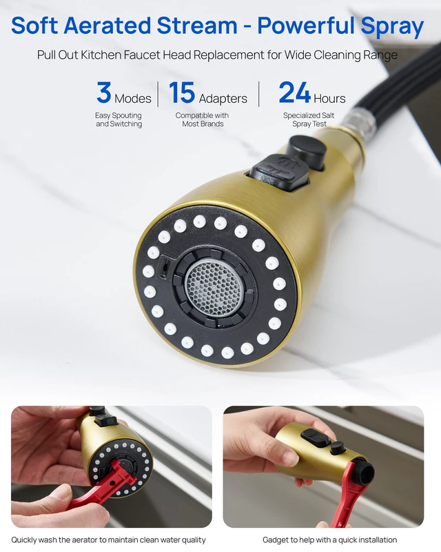 Alt view image 5 of 7 - Pull Down Kitchen Faucet Sprayer Head Replacement, Brushed Gold 3 Function Pull Out Sink Sprayer Replacement Nozzle Part, Kitchen Faucet Head Hose Spray Tap Spout, 15 adapters