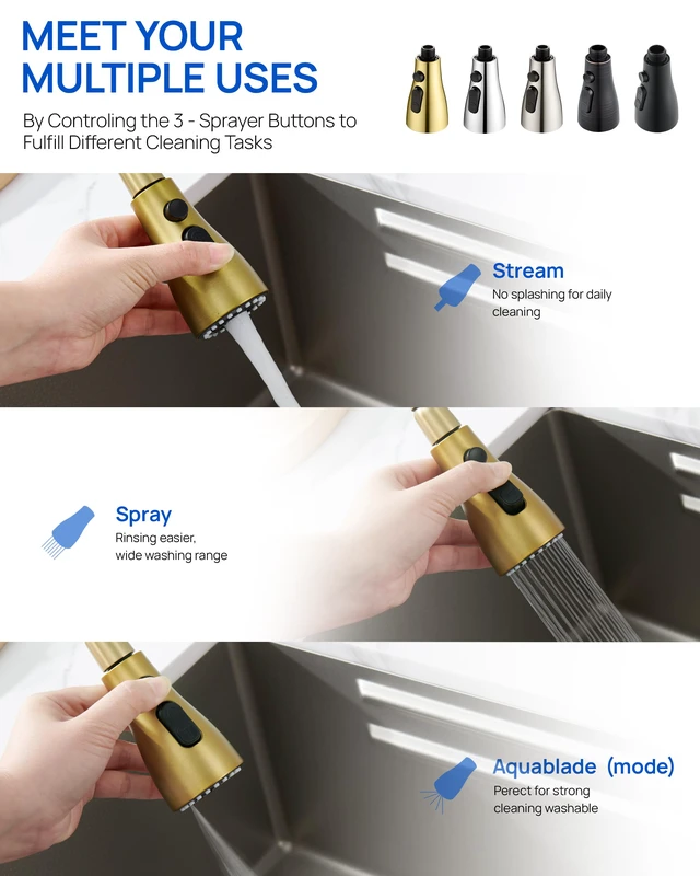 Alt view image 3 of 7 - Pull Down Kitchen Faucet Sprayer Head Replacement, Brushed Gold 3 Function Pull Out Sink Sprayer Replacement Nozzle Part, Kitchen Faucet Head Hose Spray Tap Spout, 15 adapters