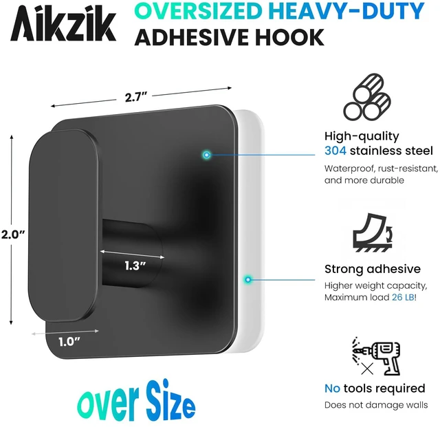 Alt view image 3 of 6 - 4 Pack Large Heavy Duty Wall Hooks - 26lb Max, Stainless Steel Adhesive Towel Hook, Shower Hooks for Hanging Towel, Coat, Robe, Sticky Wall Mount Hook for Bathroom, Kitchen and Door, Black