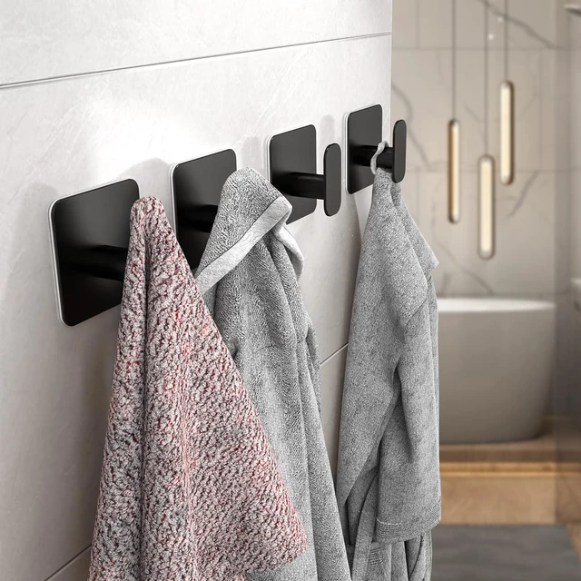 Alt view image 2 of 6 - 4 Pack Large Heavy Duty Wall Hooks - 26lb Max, Stainless Steel Adhesive Towel Hook, Shower Hooks for Hanging Towel, Coat, Robe, Sticky Wall Mount Hook for Bathroom, Kitchen and Door, Black